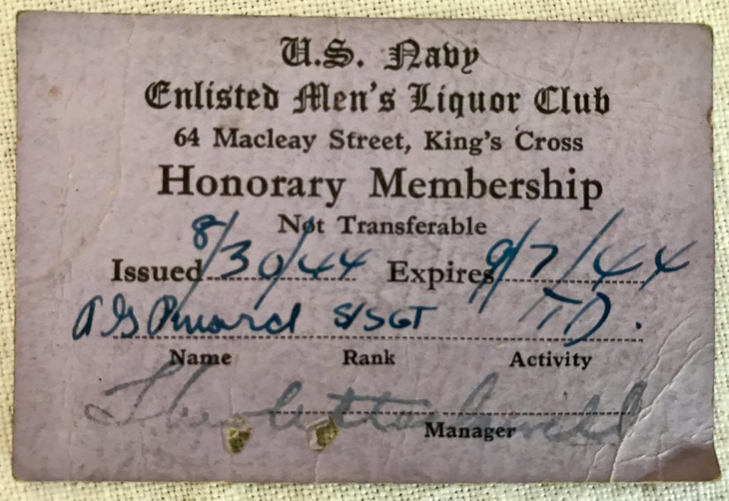 S/Sgt Pinard's Membership card Men's Liquor Club