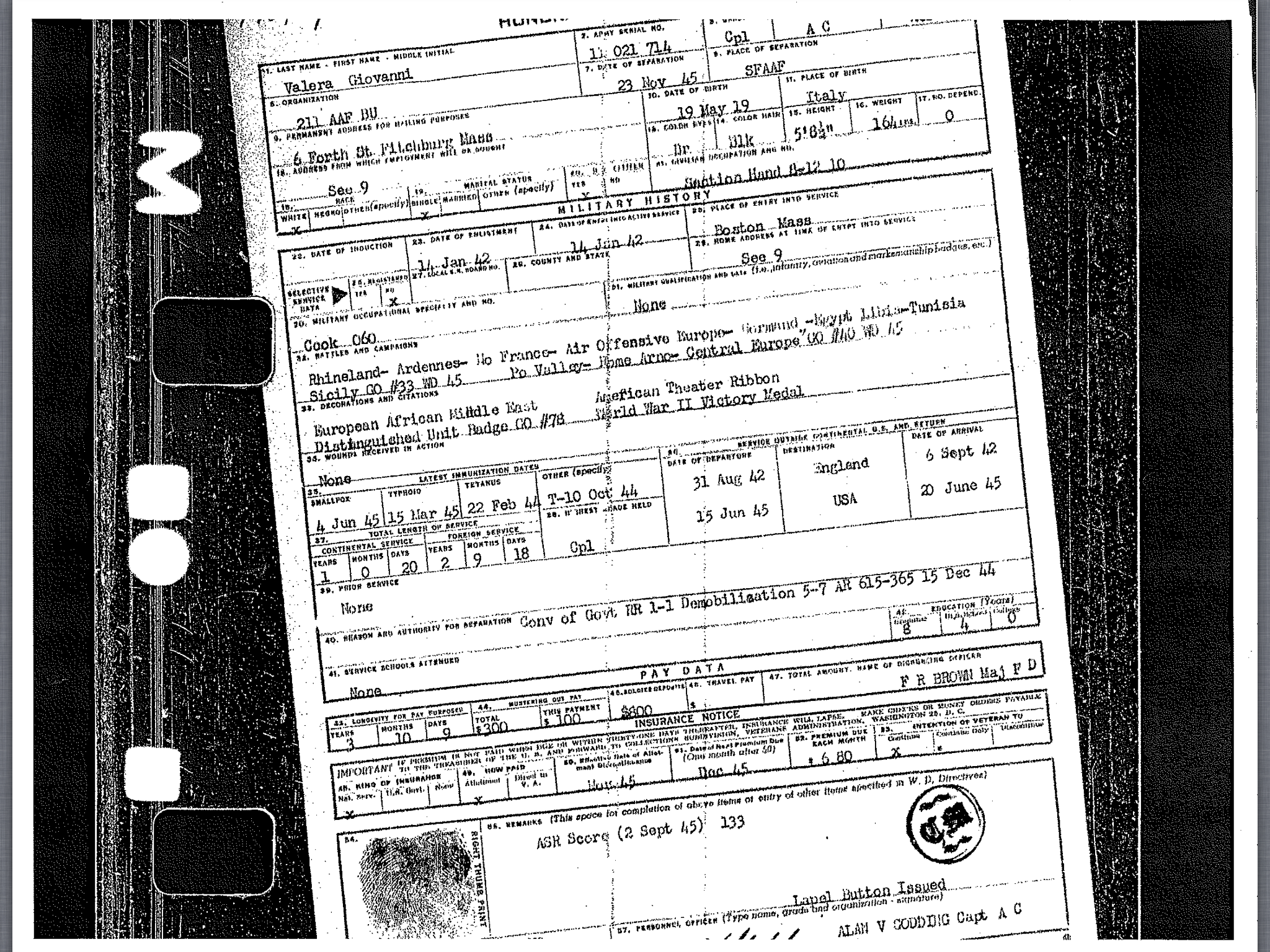 World War II discharge papers of Giovanni (John) Valera
